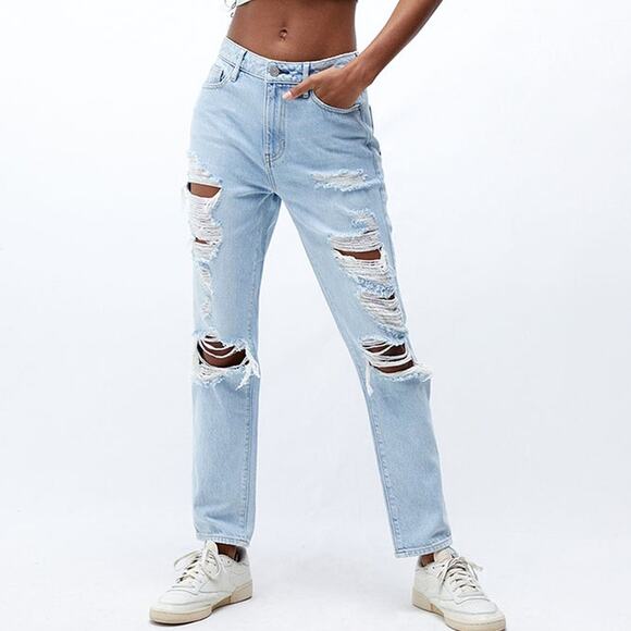 PacSun Light Wash Blue Edgy Distressed High Rise Ripped Mom Denim Jeans Size 25 - Picture 1 of 8